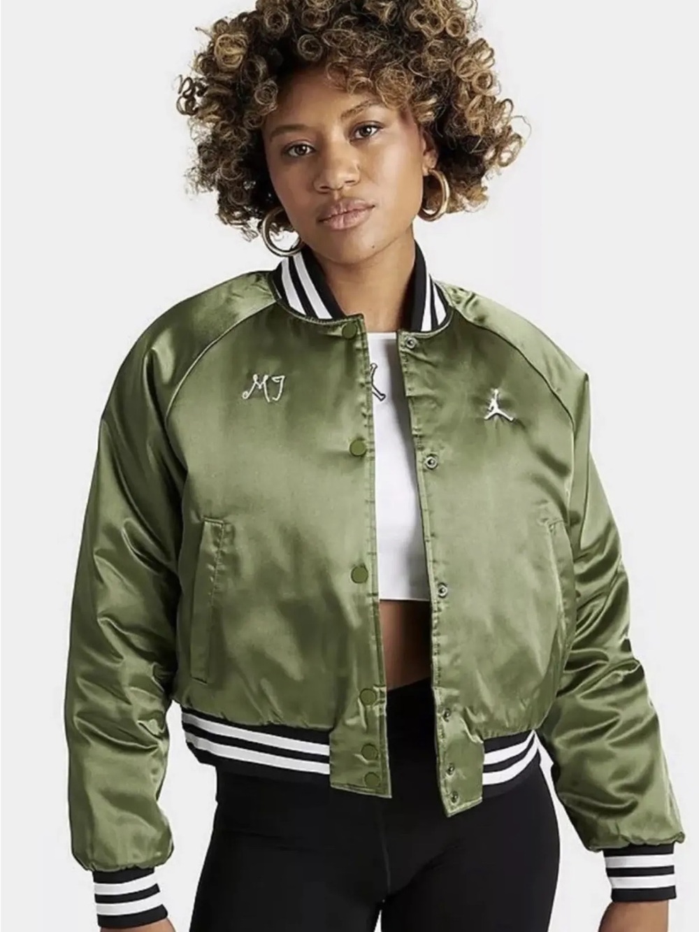 Jordan Olive Green Satin Bomber Jacket with Striped Trim